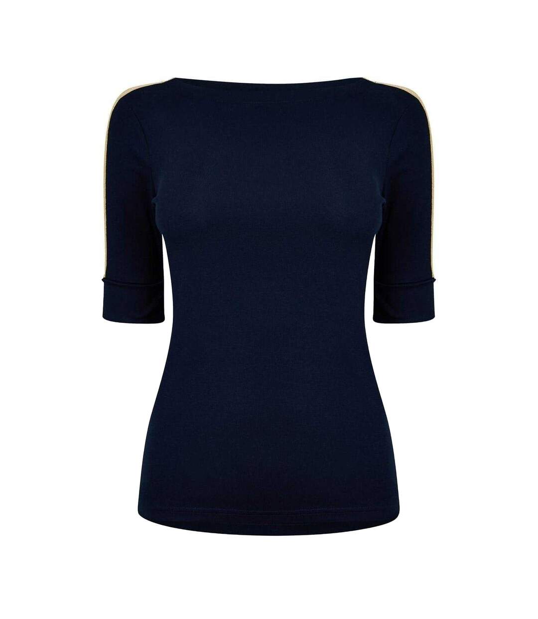 Womens/ladies Contrast Striped Cotton 3/4 Sleeve T-shirt Navy Gold Ralph Lauren-1