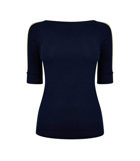 Womens/ladies Contrast Striped Cotton 3/4 Sleeve T-shirt Navy Gold Ralph Lauren