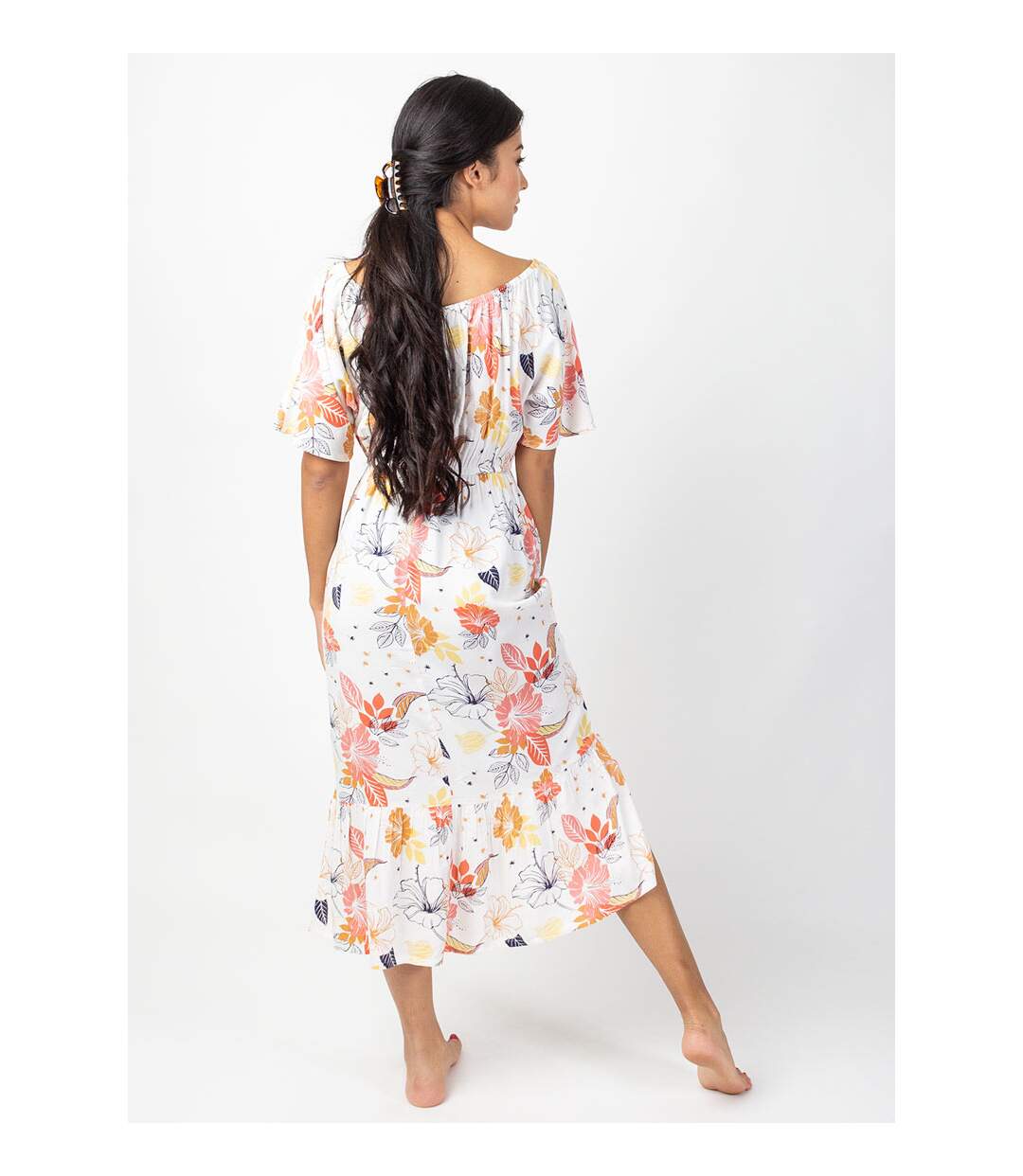 Robe longue chic DALIA col bardot imprimé fleuri blanc Coton Du Monde