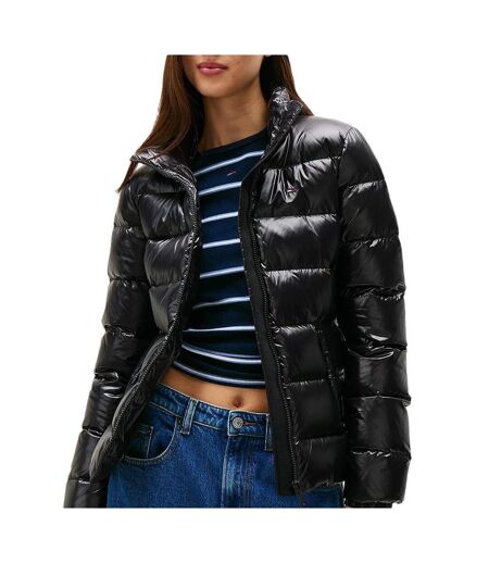 Doudoune noir brillant femme tommy jeans slim zip print