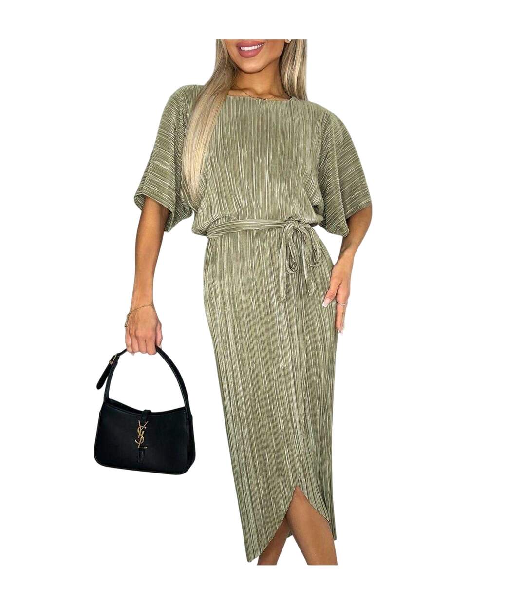 Robe Mi-longue Manches Courtes Femme Kaki Clair AX Paris-3