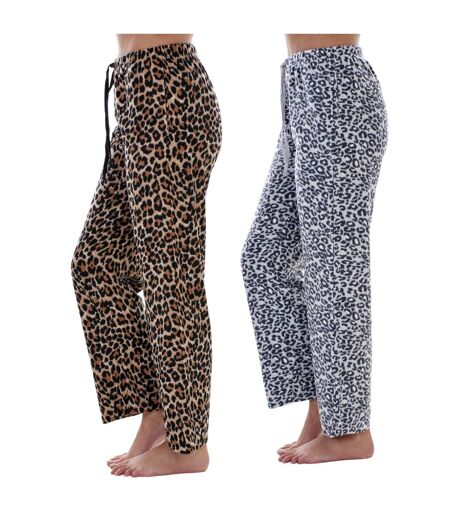 Pack Of 2  Womens/ladies Fleece Leopard Print Lounge Pants  Multicoloured Keanu