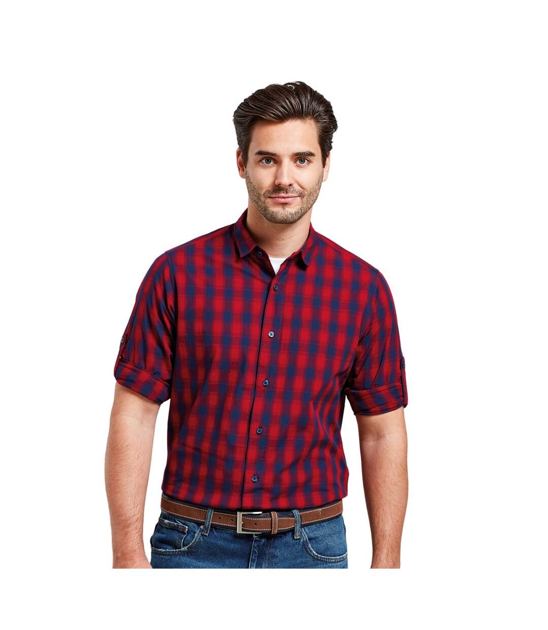 Mens Mulligan Checked Cotton Long-sleeved Shirt Red Navy Premier-4