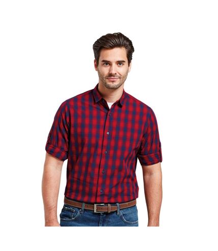 Premier Mens Mulligan Checked Cotton Long-Sleeved Shirt (Red/Navy)