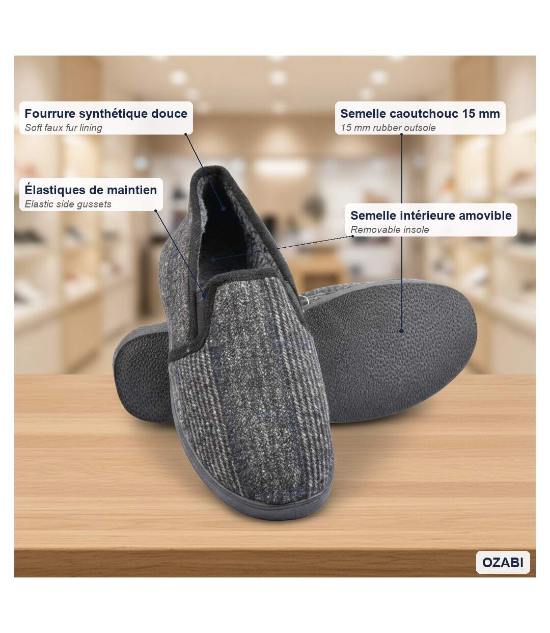 OZABI Pantoufles Charentaises Homme Fourrées, Tige Textile à Carreaux-4
