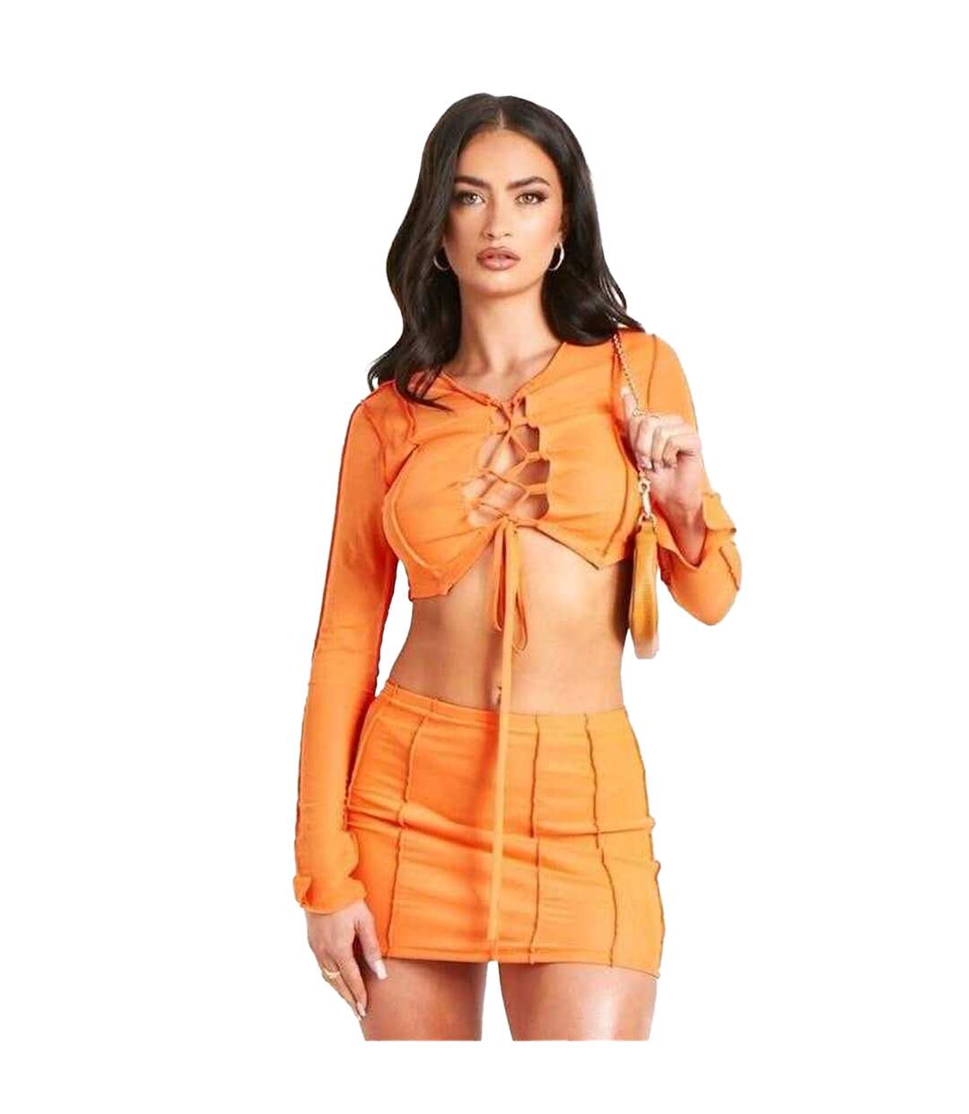 Womens/ladies Lace Up Long-sleeved Crop Top Orange Missy Empire-2