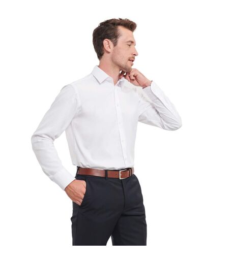 Mens herringbone long-sleeved formal shirt white Russell Collection