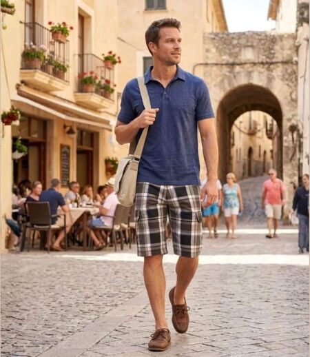 Bermuda WINCHESTER IVORY1 à carreaux en coton : le style géométrique gris et bleu pour l'été
