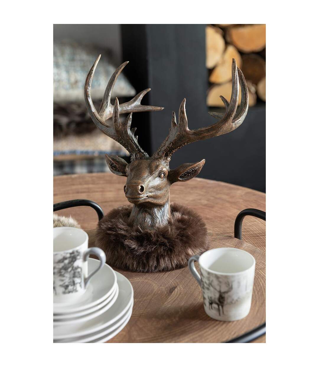 Tête de Renne en Résine Fausse Fourrure 25cm Marron-3