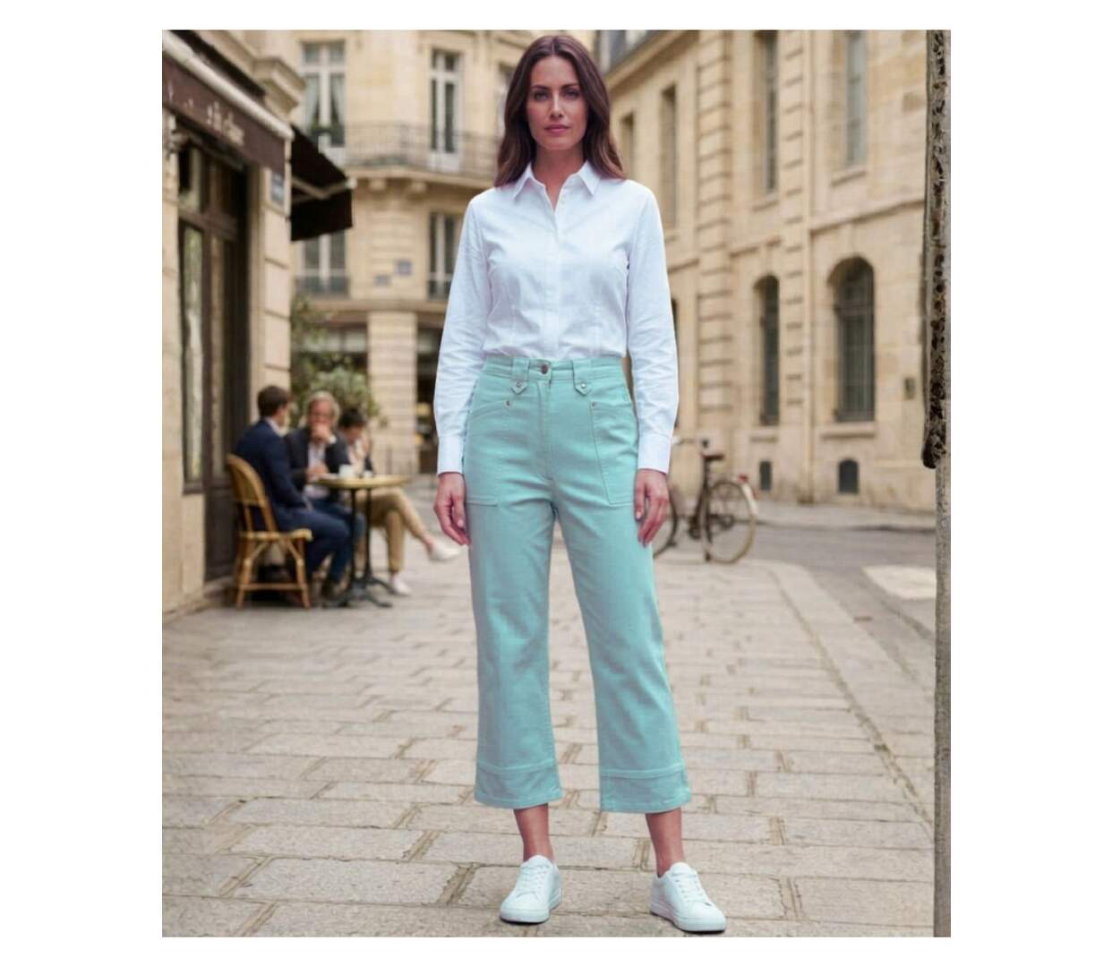 MAYFLOWER Basic Stretch : Pantacourt femme Bleu Ciel Lagon en coton extensible-4