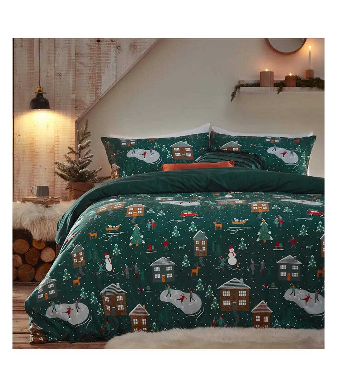 Winter pines fleece duvet cover set pine green Furn-1