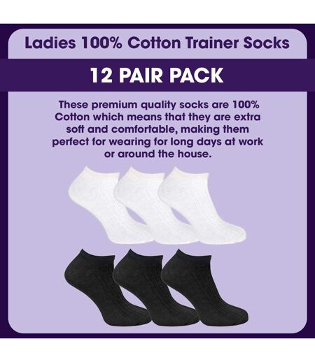 12 Pack Womens 100% Cotton Trainer Socks