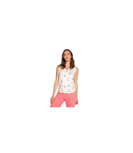 Womens/ladies Dog Print Sleeveless Pyjama Top Off White PJ Salvage