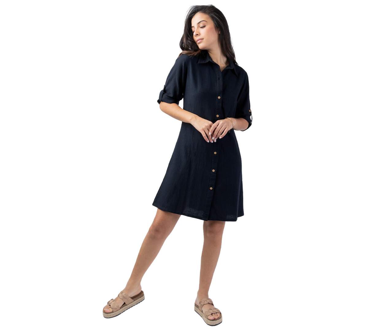 Robe chemise unie noire CLAUDINE coupe droite Coton Du Monde-1