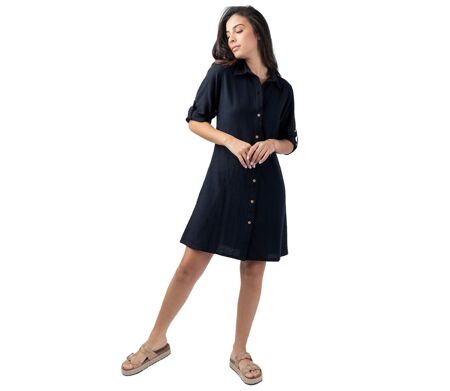 Robe chemise unie noire CLAUDINE coupe droite Coton Du Monde