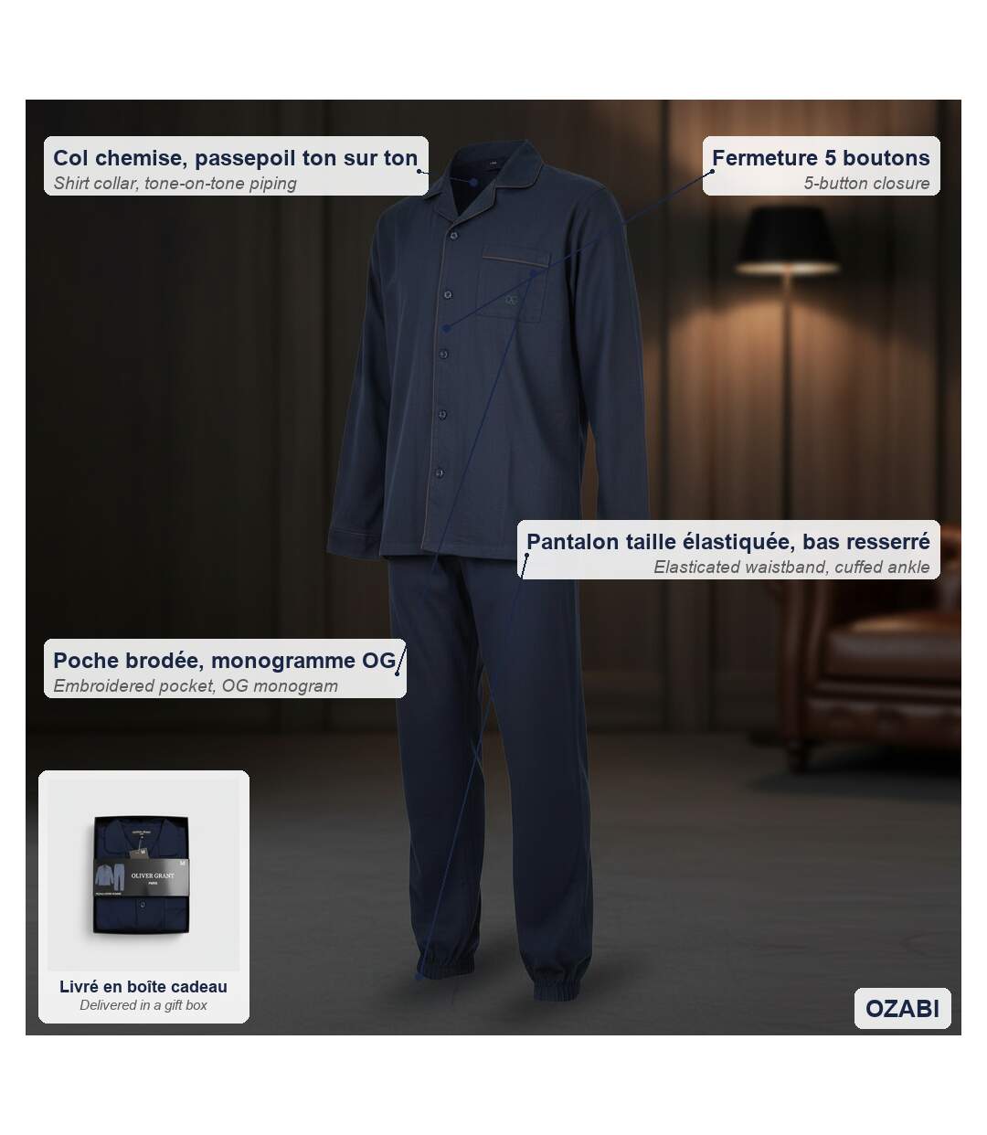 OLIVER GRANT PARIS Pyjama Long Homme Entièrement Boutonné 100% Coton-5