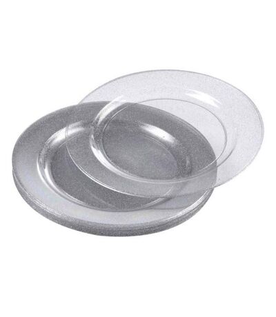 Lot de 6 Assiettes en Plastique Réutilisable Paillettes 18cm Argent