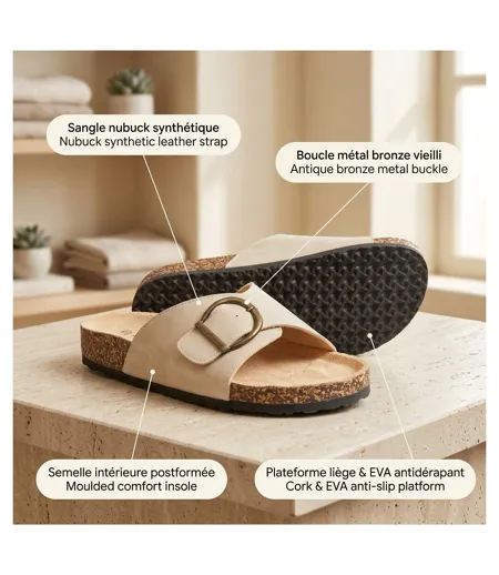 OZABI Sandales Mule Boucle Ronde Nubuck Noir Beige 36-41