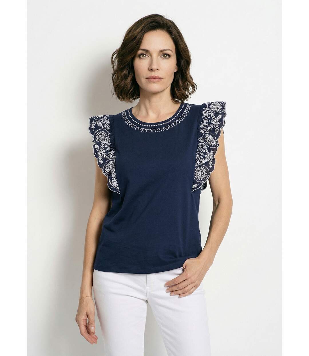 T-shirt brodé jersey et voile coton-1