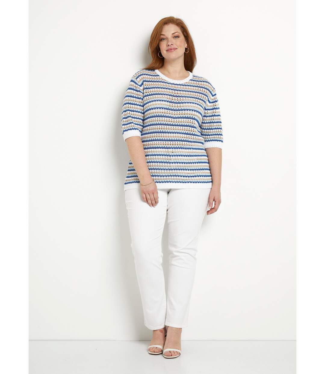 Pull doux rayé ajouré court manches courtes-3