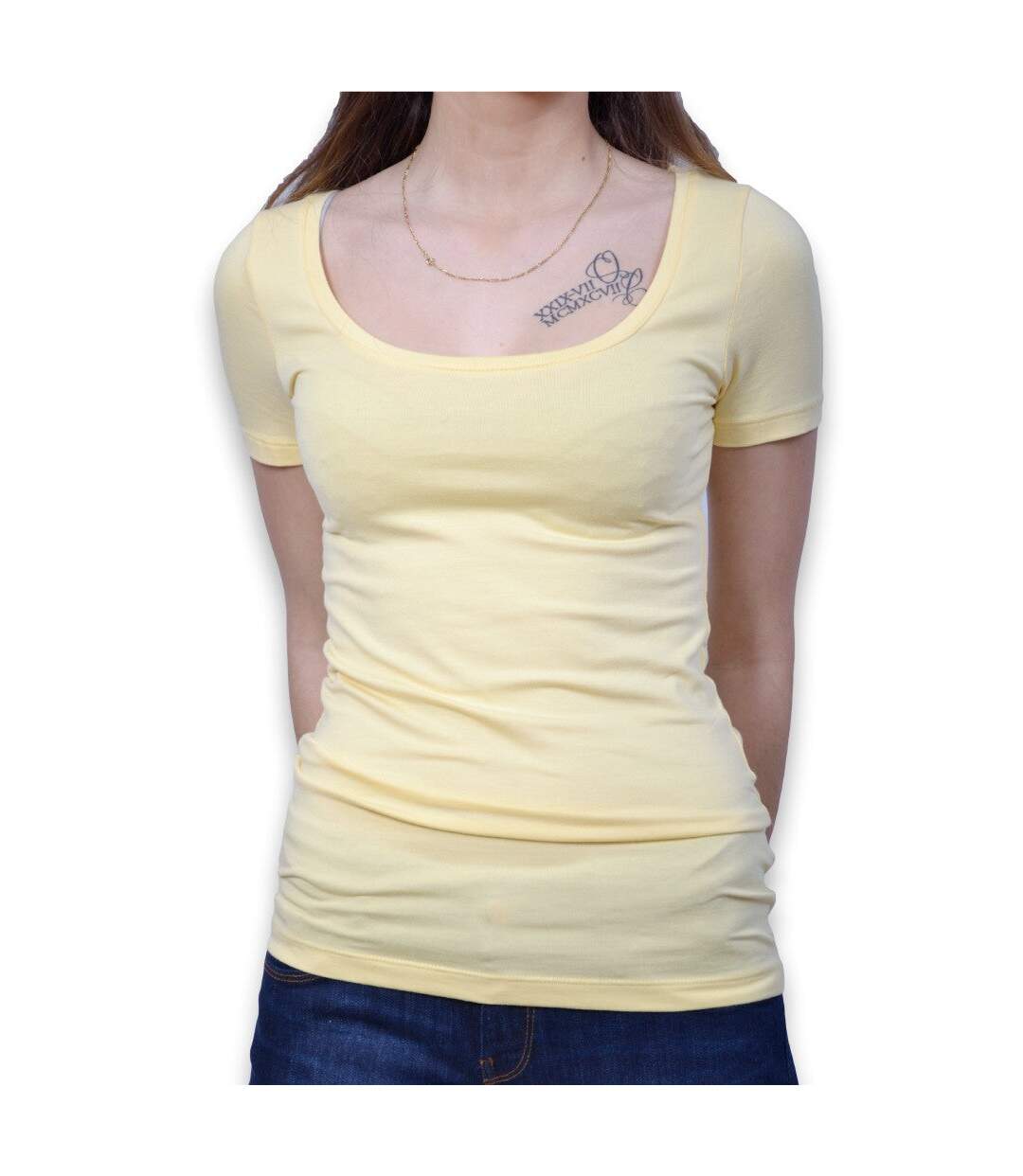 Tee shirt manches courtes femme de couleur jaune col rond