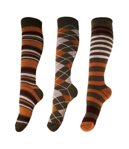 Mens Patterned Wellington Boot Socks (3 Pairs) (Khaki) - UTUT675