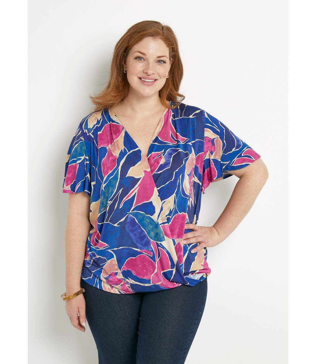T-shirt cache-coeur long blousant motif floral-1