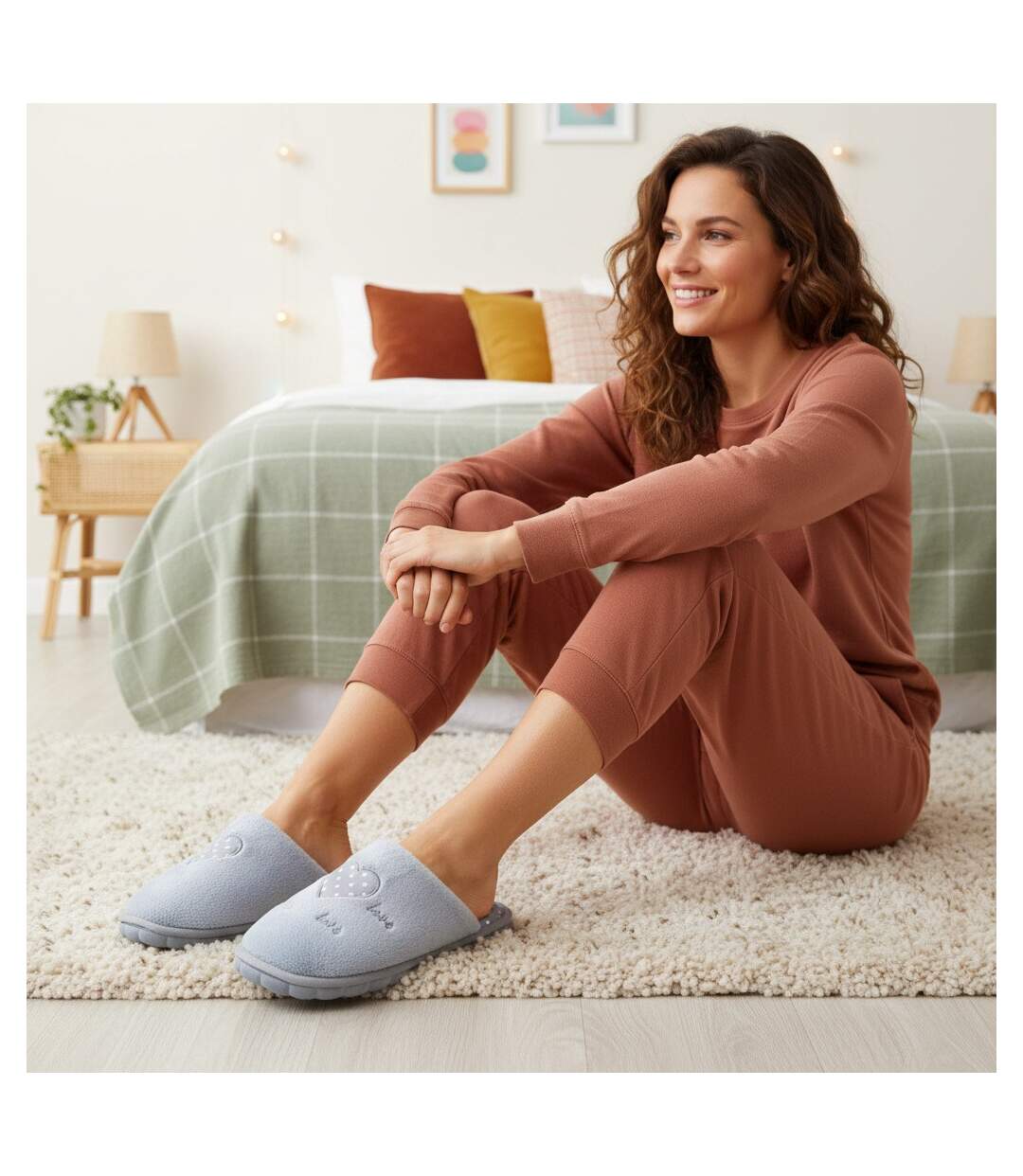 OZABI Pantoufles Ouvertes Femme, Fausse Fourrure, Cœur à Pois Brodé Love-2