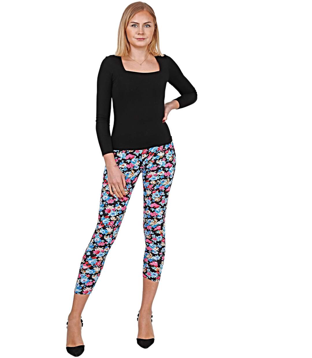 Legging femme court 3/4 motifs imprimés fleur-1