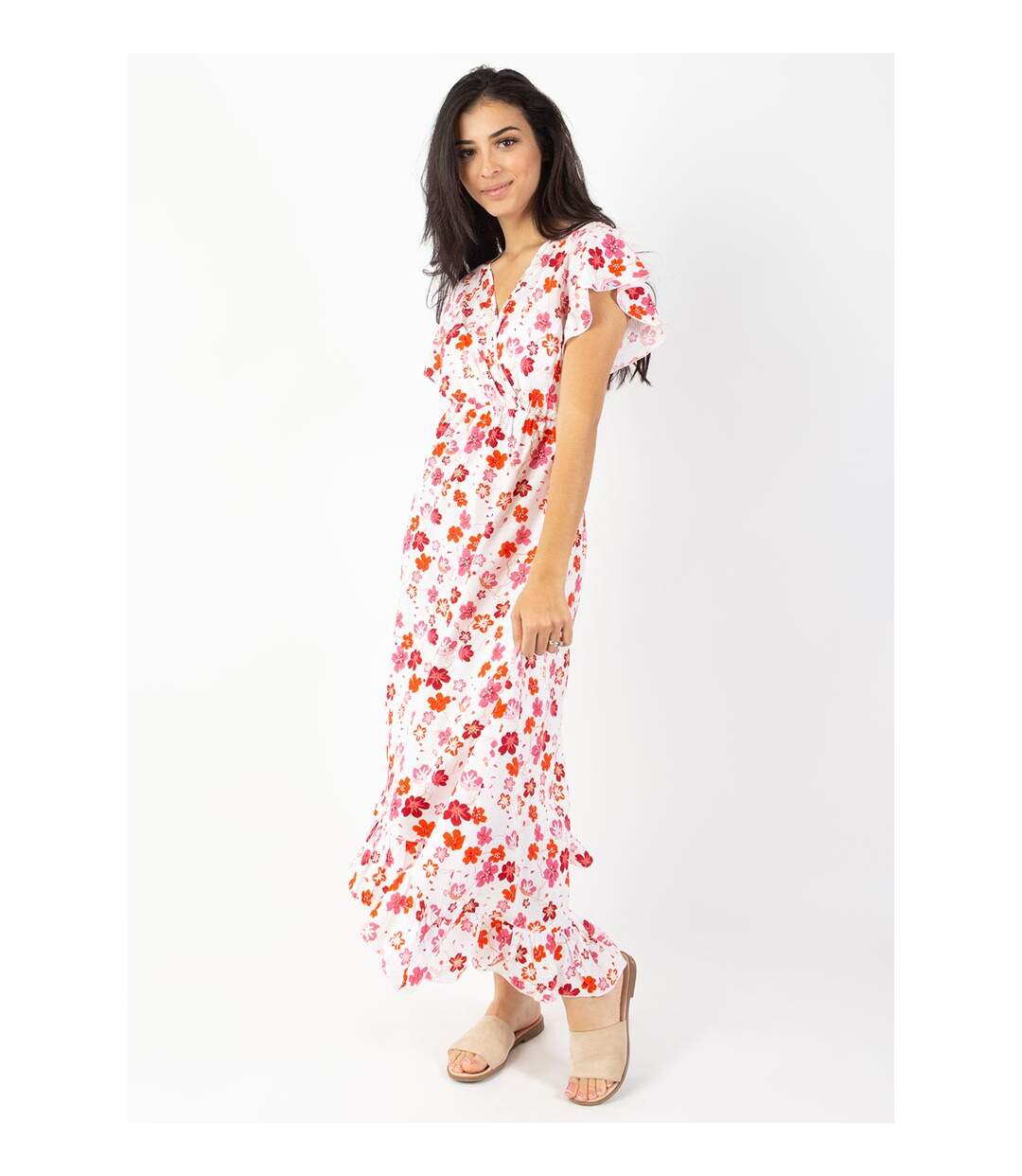 Robe longue à volants KENDRA imprimé fleurs de cerisier blanc Coton Du Monde