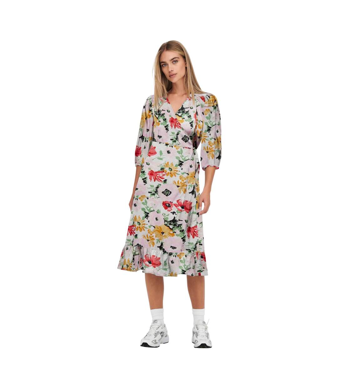 Robe Portefeuille Manches Bouffantes Femme Blanc Only-4