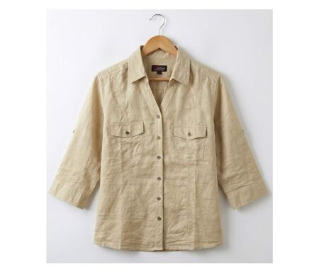 Chemisier Femme Beige Lin et Coton Manches Retroussables