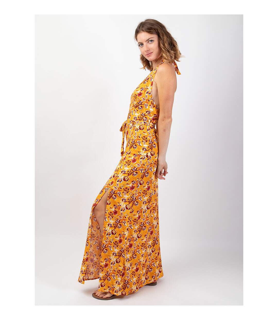 Robe longue femme plage SORAYA dos nu jaune Coton Du Monde-4