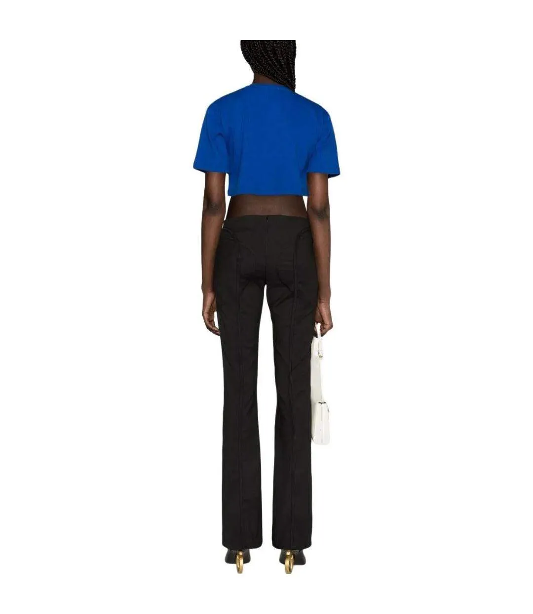 Womens/ladies Stamp Ribbed Crop T-shirt Blue Off White-3