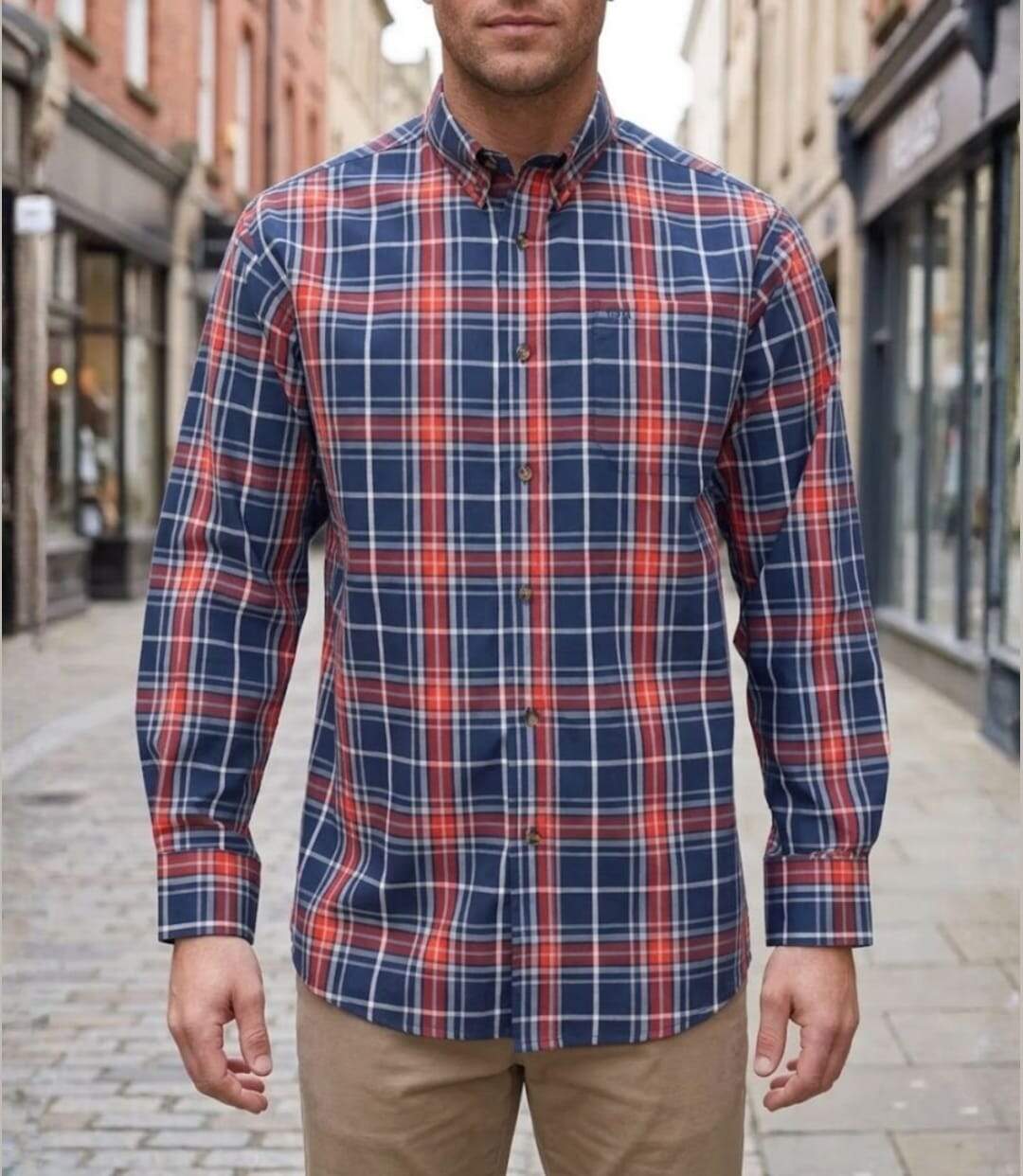 CHALLENGER TEMPETE1 — Chemise à carreaux manches longues bleu et orange : le confort durable en pur coton-5