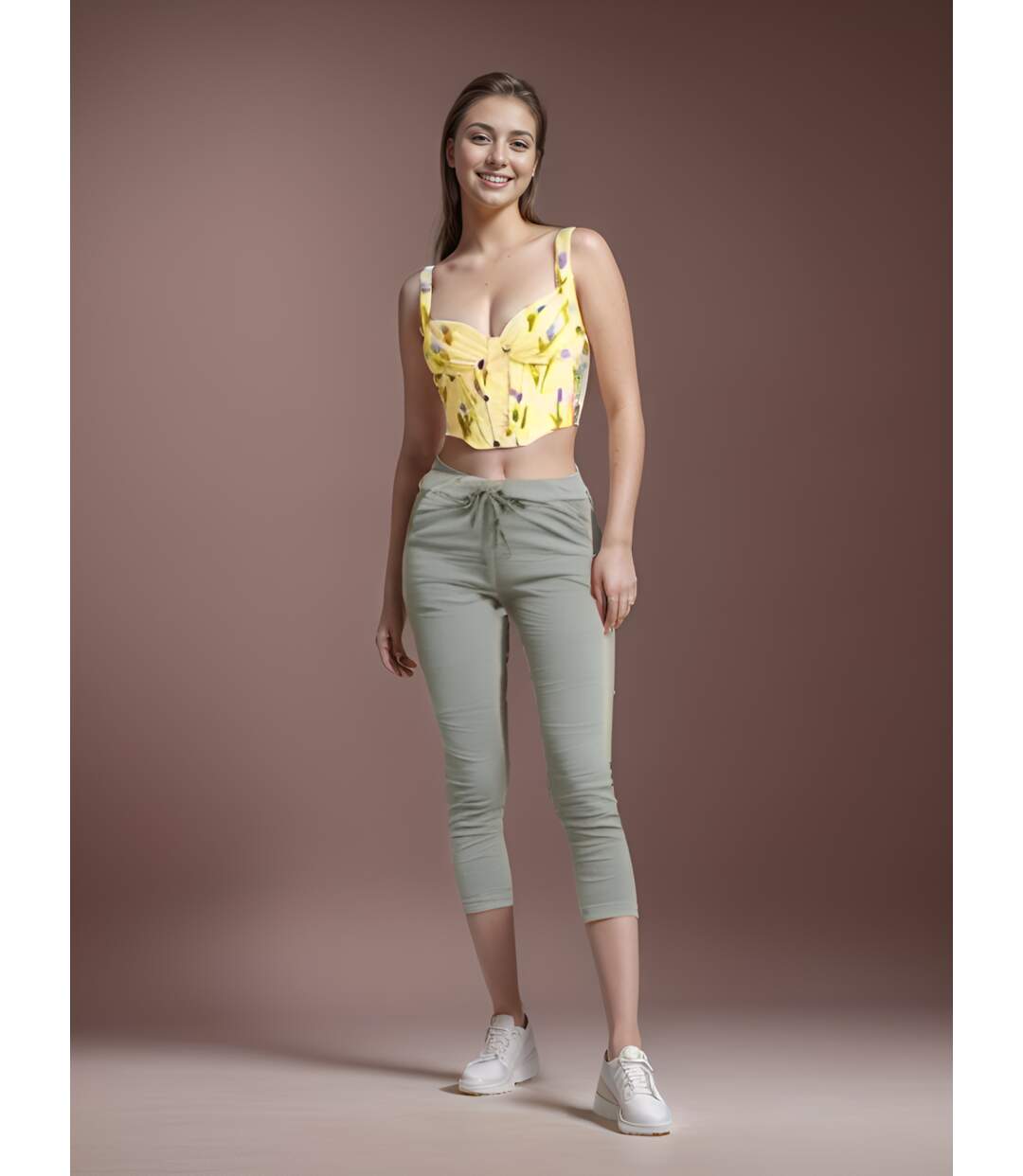 Pantalon femme très tendance - Couleur kaki - Coupe slim