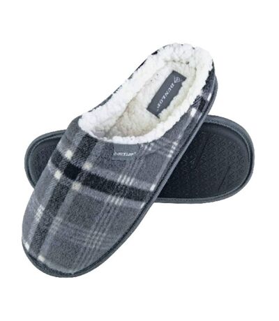 Mens Plush Fleece Lined Slip On Mule Checked Plaid Slippers