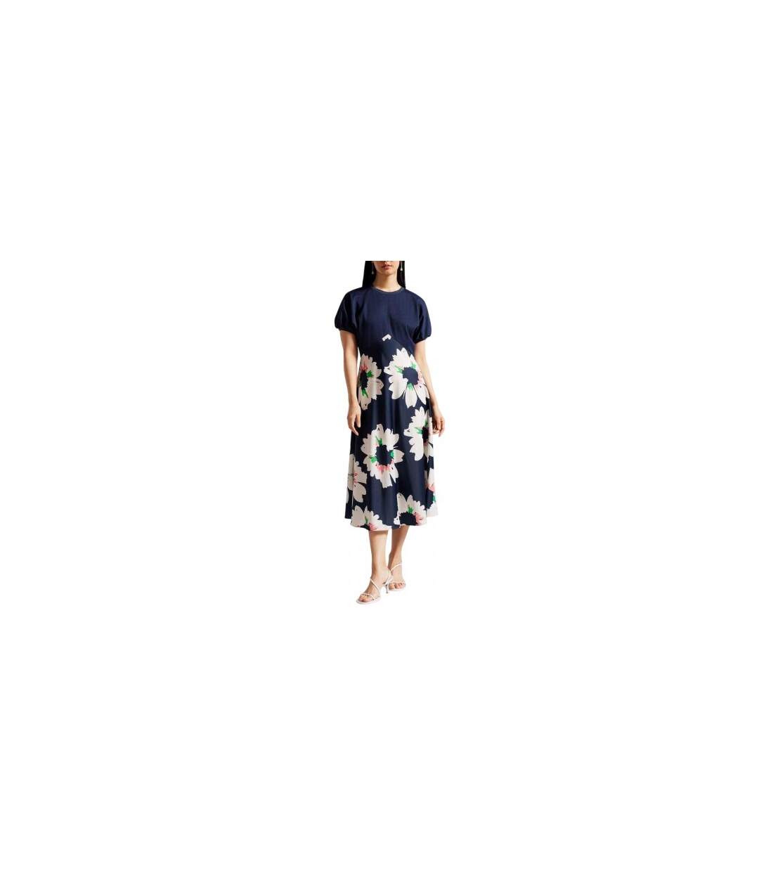 Womens/ladies Floral A-line Puff Sleeve Midi Dress Dark Blue Ted Baker-1