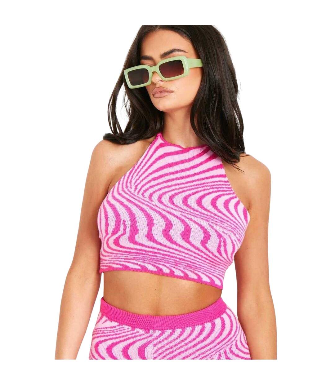 Womens/ladies Groovy Swirl Knitted Tie Neck Crop Top Pink Missy Empire-3