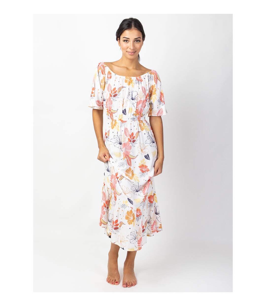 Robe longue chic DALIA col bardot imprimé fleuri blanc Coton Du Monde