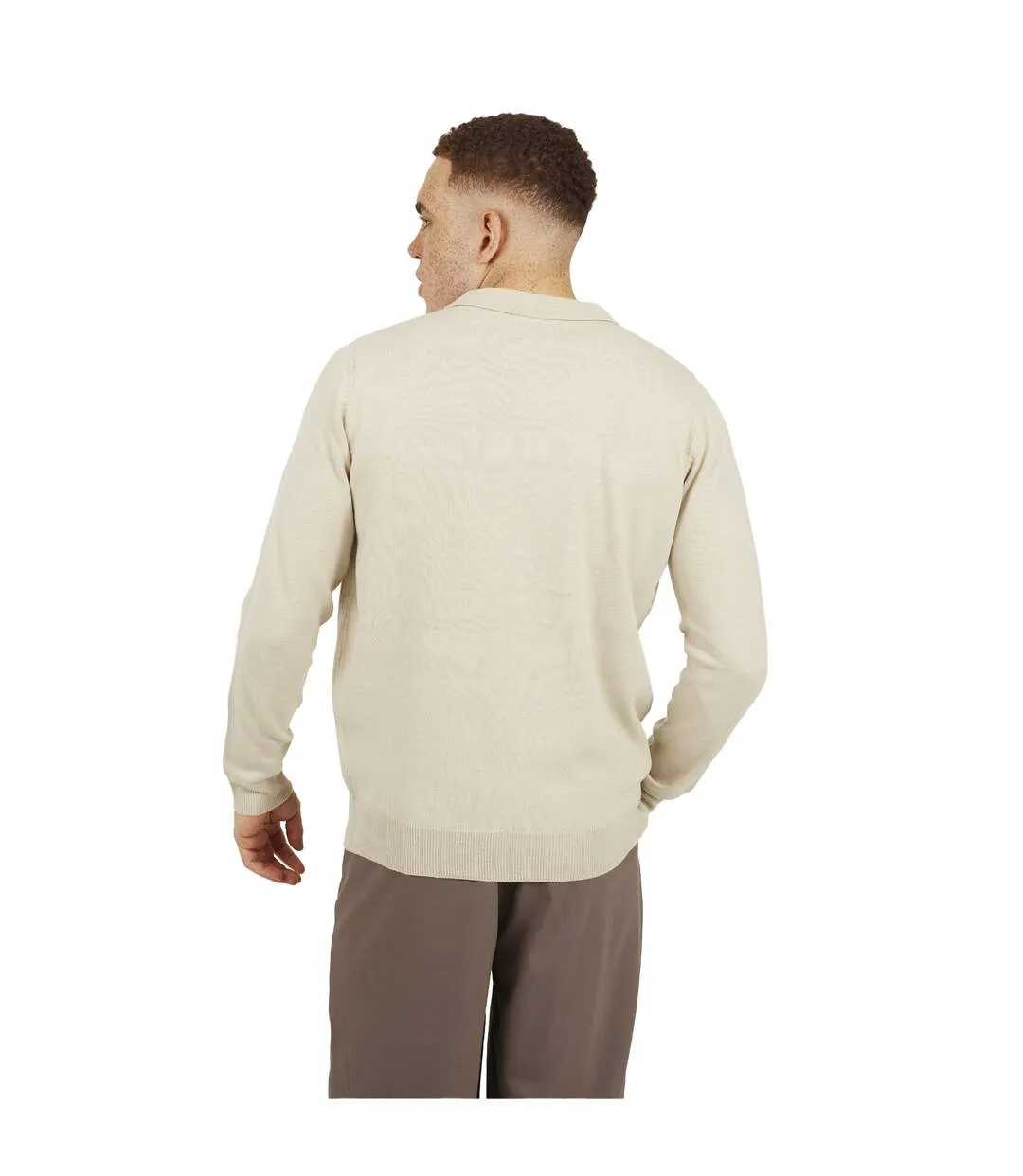 Mens Knitted Quarter Zip Long-sleeved Polo Shirt Oat Brave Soul-3