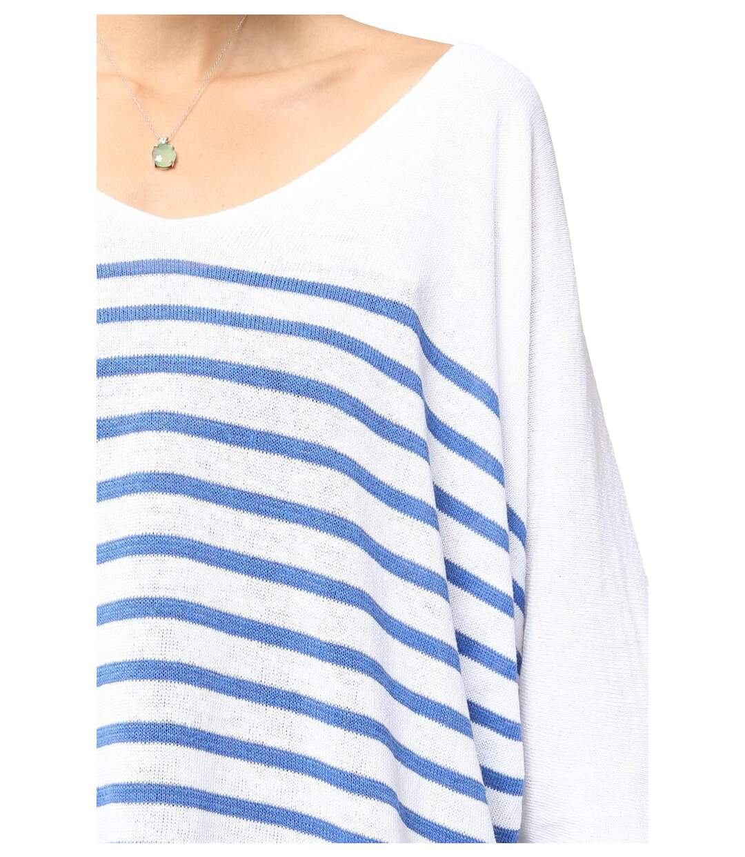 Pull femme rayé - Pull col en V - Manches 3/4 - Couleur blanc