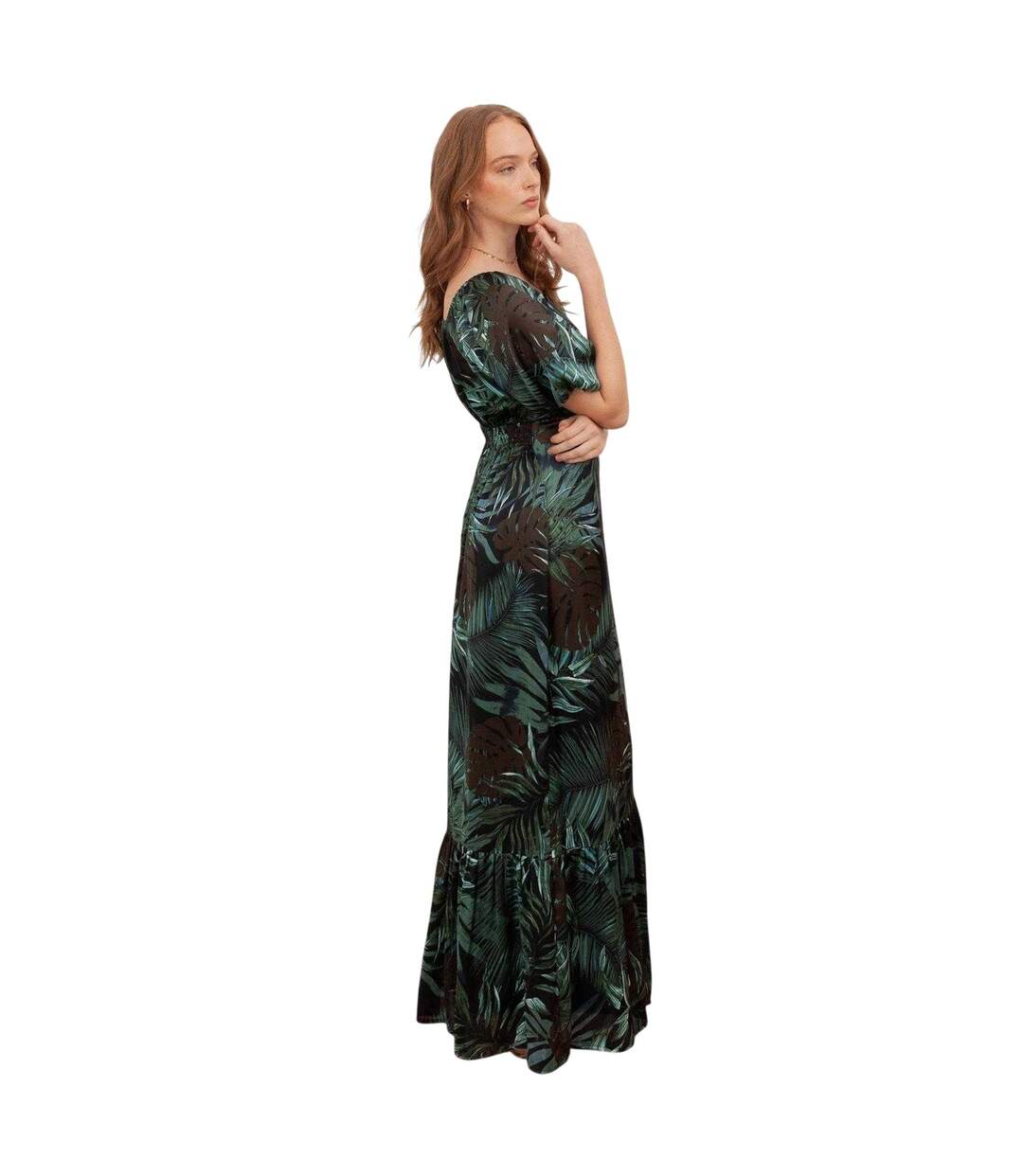 Robe Longue Manches Bouffantes Motif/style Tropical Femme Bleu Marine Lovedrobe-2