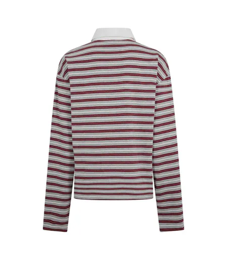 Womens/ladies Striped Long-sleeved Rugby Shirt Grey Burgundy Couture Club