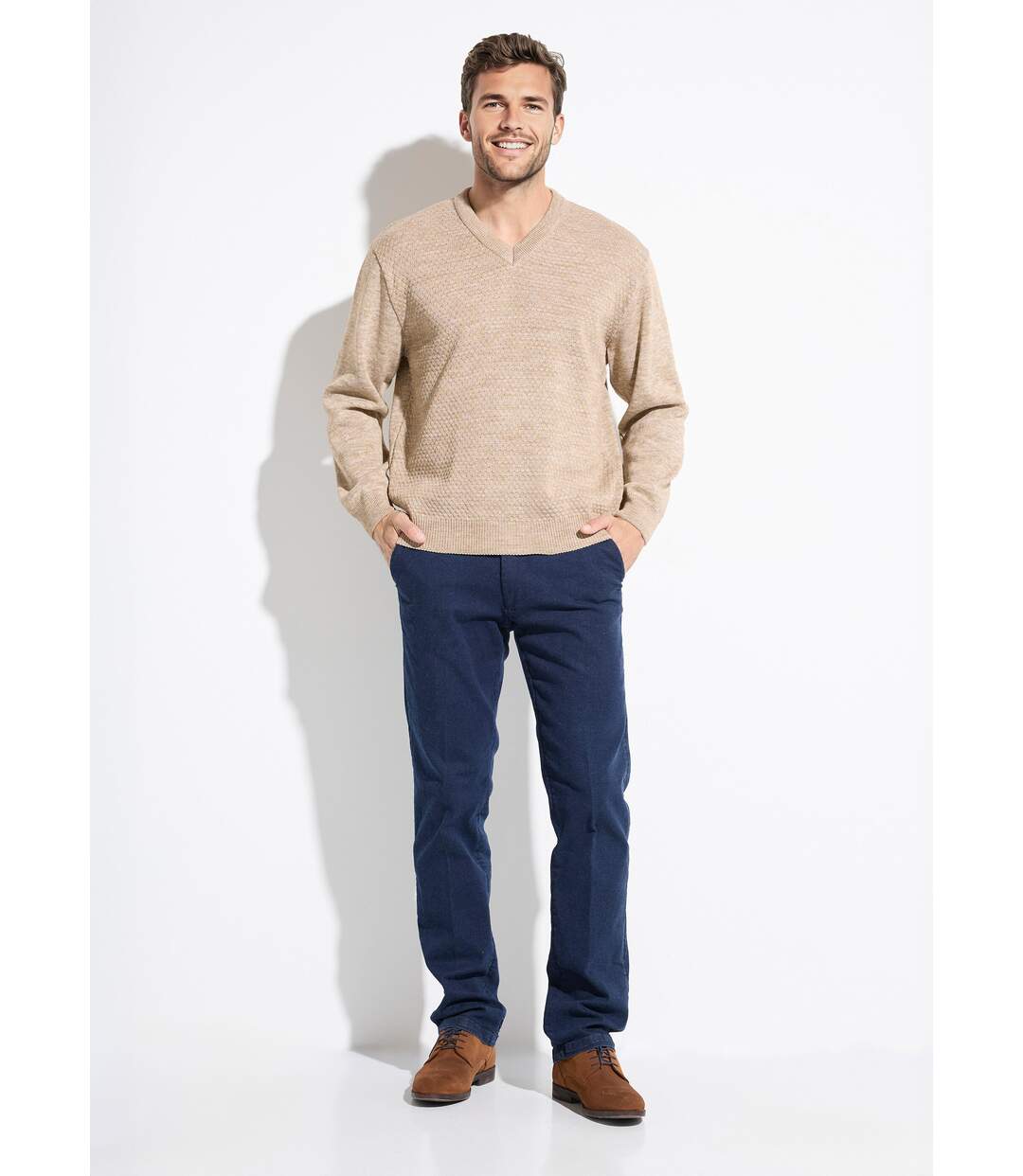 Pull maille fantaisie laine col V manches longues-3