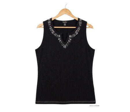 Débardeur femme MAYFLOWER REFAT : Tee-shirt sans manches noir en coton et col strass