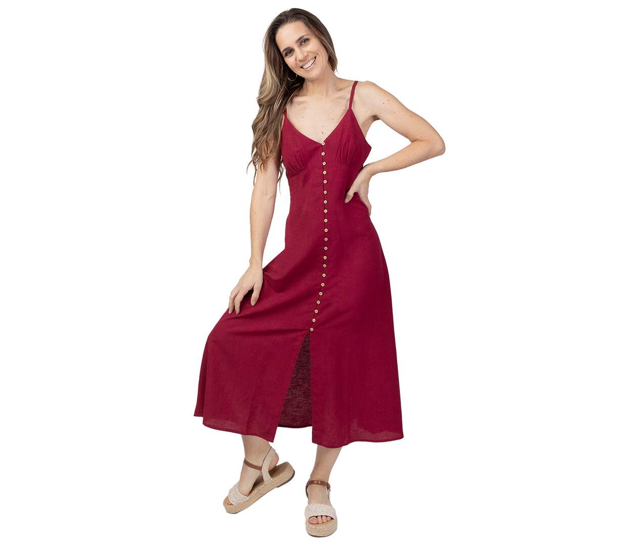 Robe longue estivale fines bretelles VALENTINE unie framboise Coton Du Monde-1