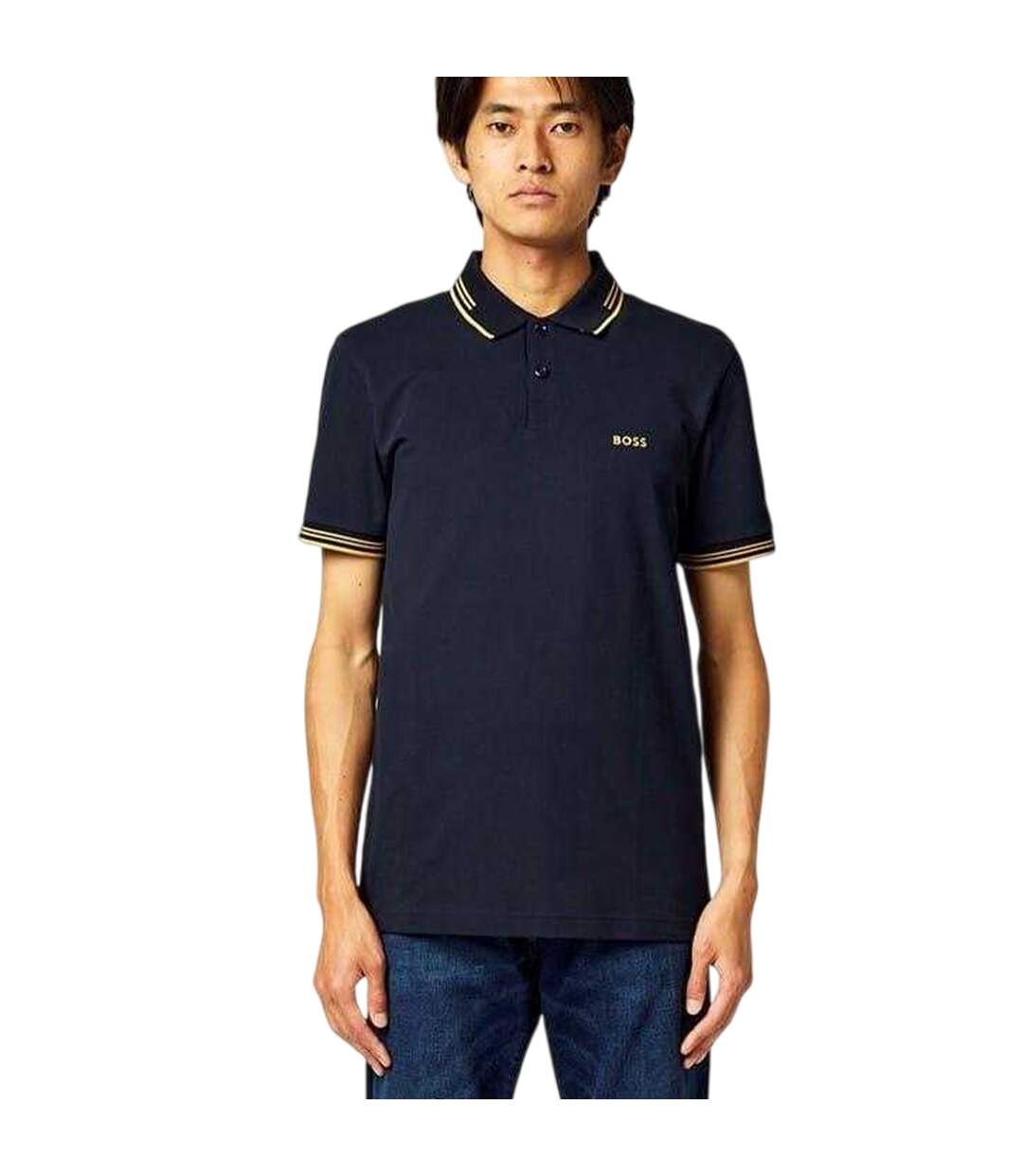 Polo Motif/style Rayures Contrastées Paul Homme Bleu Marine Jaune Or Boss-1