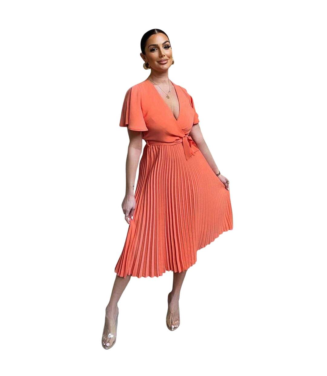 Robe Mi-longue Motif/style Plissé Femme Orange AX Paris-4