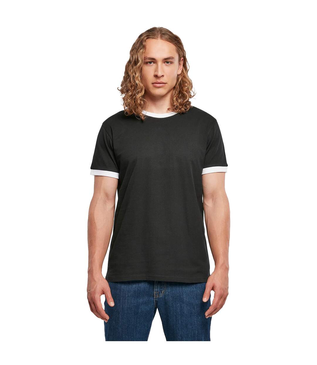T-shirt Ringer Pour Hommes Noir Blanc Build Your Brand-2